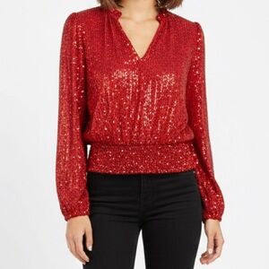 Red Sequin Sparkly Top Size S Long Sleeve Party Blouse
